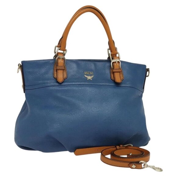 MCM Vicetos Logogram Hand Bag Leather 2way Blue Brown